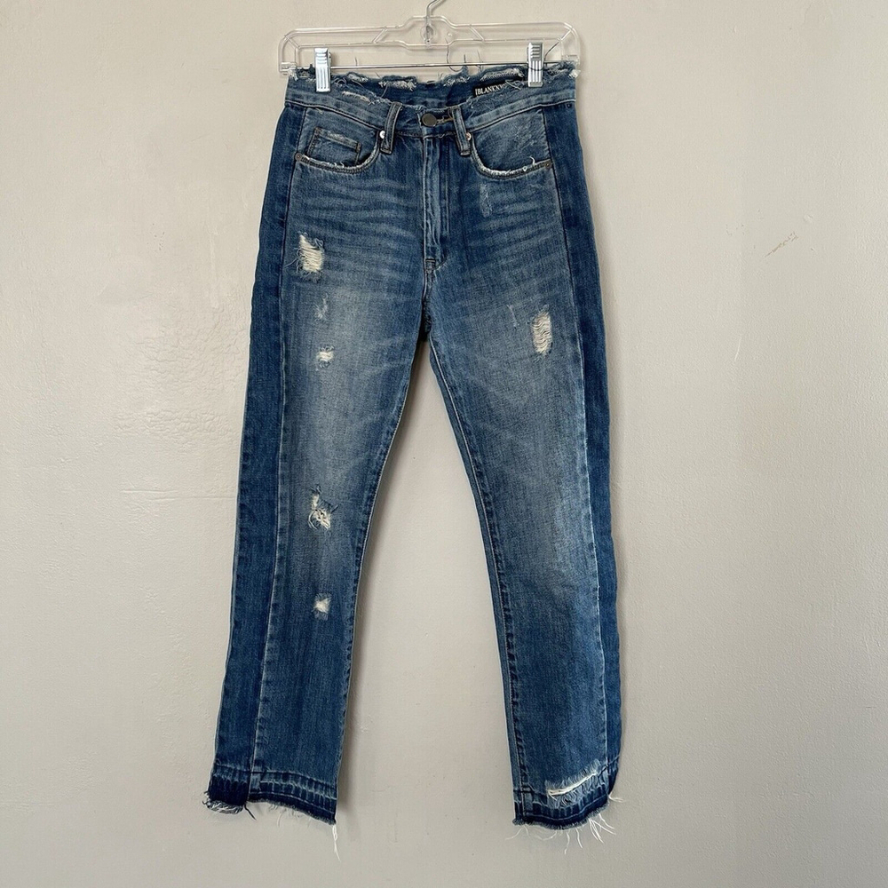 Blanknyc Women Distressed Straight Leg‎ Jeans Blue Whiskered Medium Wash 25